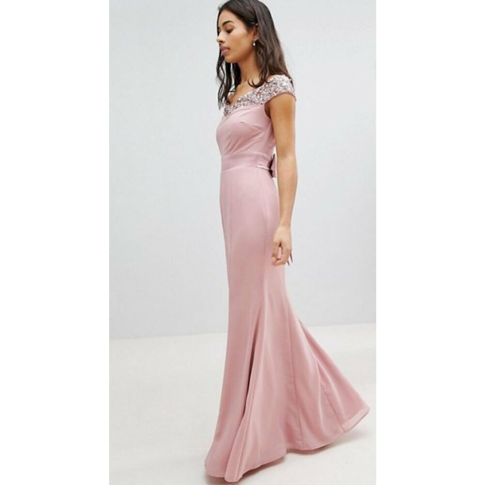 NEW MAYA DELUXE VINTAGE ROSE BARDOT SEQUIN BOW BACK DETAIL MAXI DRESS SIZE 2